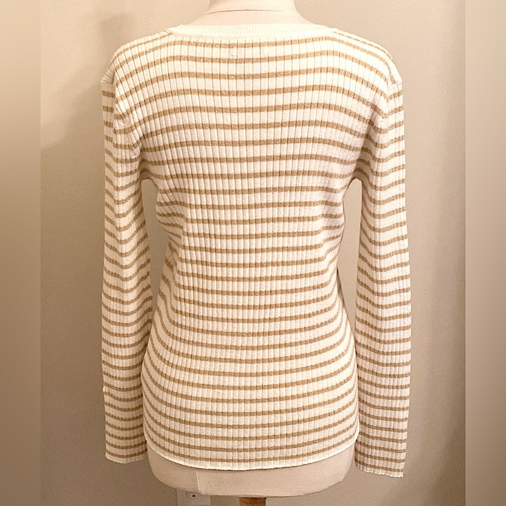 Nine West Cream Gold Metallic Striped L Coastal Nautical Preppy Casual Sweater - Picture 8 of 11